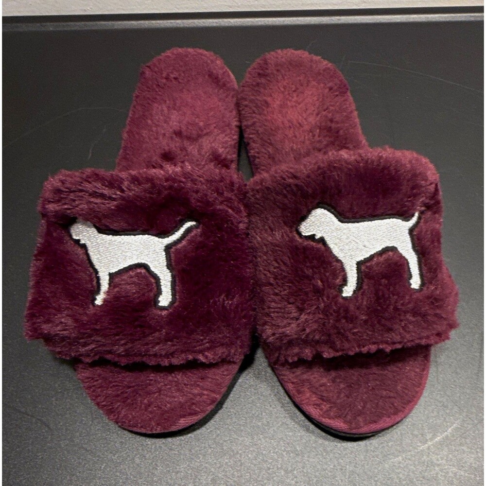 PINK Women's Purple Faux Fur Slide Slippers Open Toe Dog Logo Lined size 9/10